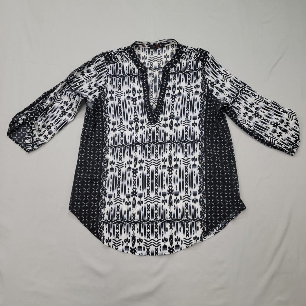 Renee C Womens Boho Tunic Top Size Large Black White Artisan Cottagecore Earthy
